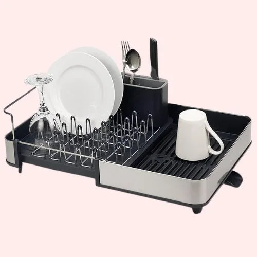 Joseph Joseph Extend Steel Expandable Dish Drainer Rack with Removable Cutlery Holder Swivel Draining Spout - Grey/Steel