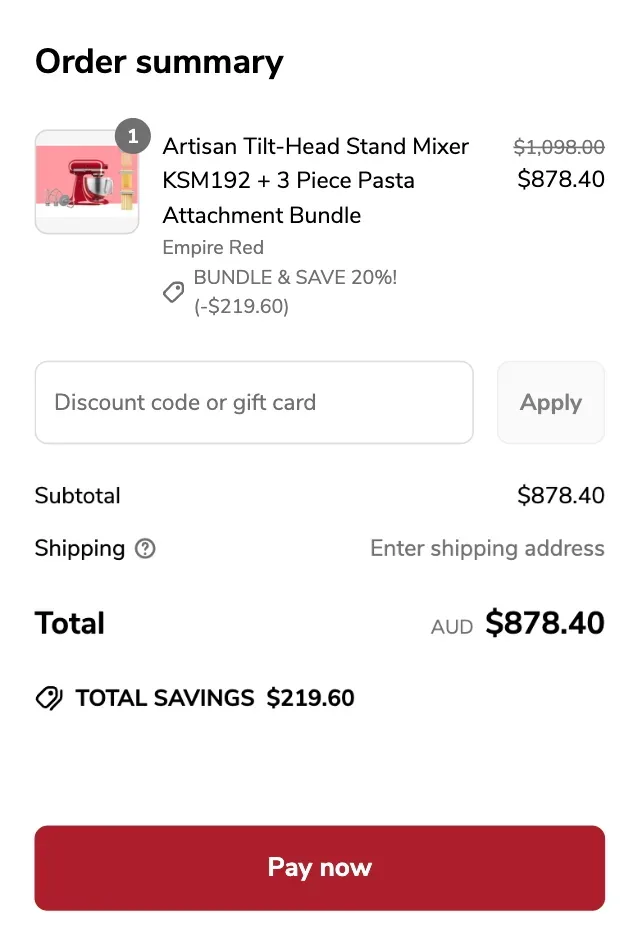 KitchenAid mobile Order Summary showing where to enter KitchenAid discount codes before the subtotal