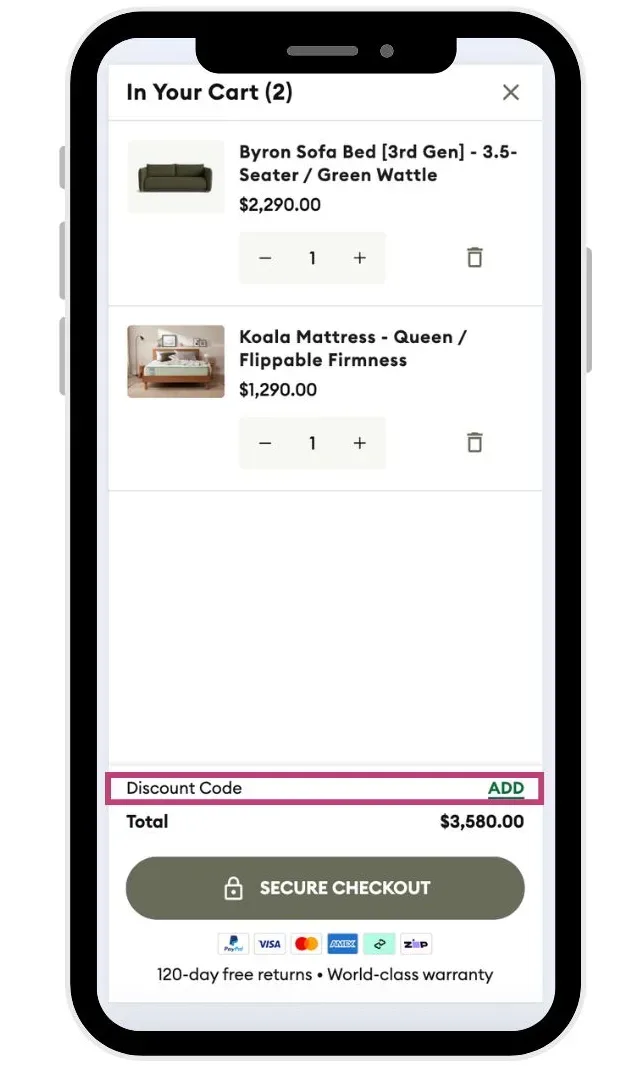 Koala checkout summary screen with ‘Discount Code’ field highlighted, showing where to apply a Koala discount code