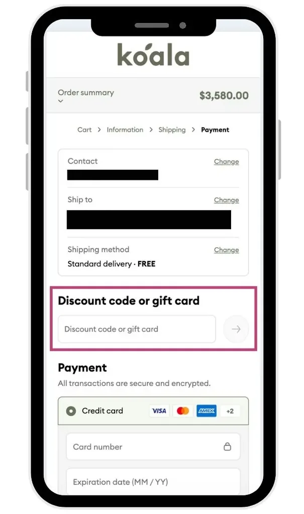 Koala checkout page showing a field to enter a Koala discount code before the payment step
