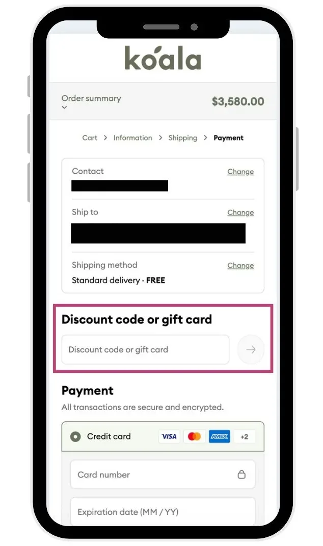 Koala checkout page showing a field to enter a Koala discount code before the payment step