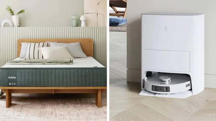 A split image. The left side shows a Koala Plus mattress on a light wooden bed frame. White and striped pillows, along with a light green throw, are arranged on the bed. The right side features a white ECOVACS T20 Omni Robot Vacuum and its self-emptying station, positioned on a light wooden floor.