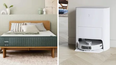 A split image. The left side shows a Koala Plus mattress on a light wooden bed frame. White and striped pillows, along with a light green throw, are arranged on the bed. The right side features a white ECOVACS T20 Omni Robot Vacuum and its self-emptying station, positioned on a light wooden floor.