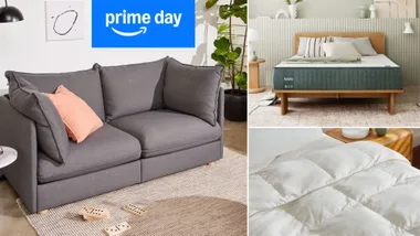 Prime Day sale banner with a gray sofa, wooden bed with mattress, and white comforter.