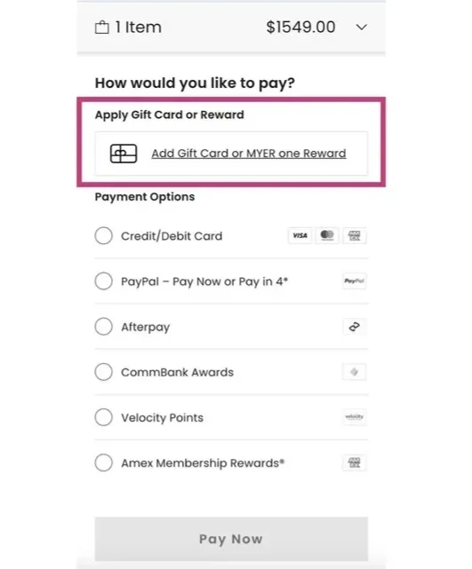 Myer checkout screenshot showing how to add a Myer One Reward or gift card, and where to enter Myer discount codes