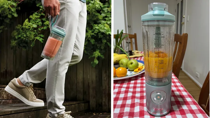 ninja blast portable blender split screen with one side man walking down stairs holding the blender and other side original picture of blender with mandarins inside on gingham tablecloth