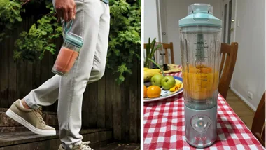 ninja blast portable blender split screen with one side man walking down stairs holding the blender and other side original picture of blender with mandarins inside on gingham tablecloth