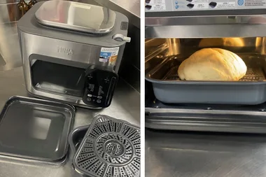 ninja multicooker with accessories shown on one side and dough rising in proofing setting on the other side