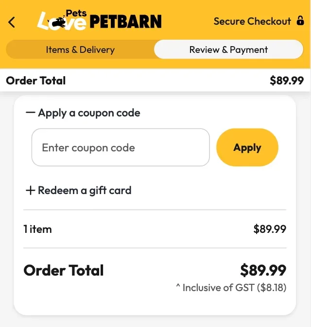 Petbarn checkout screen showing visible field to enter a Petbarn coupon code