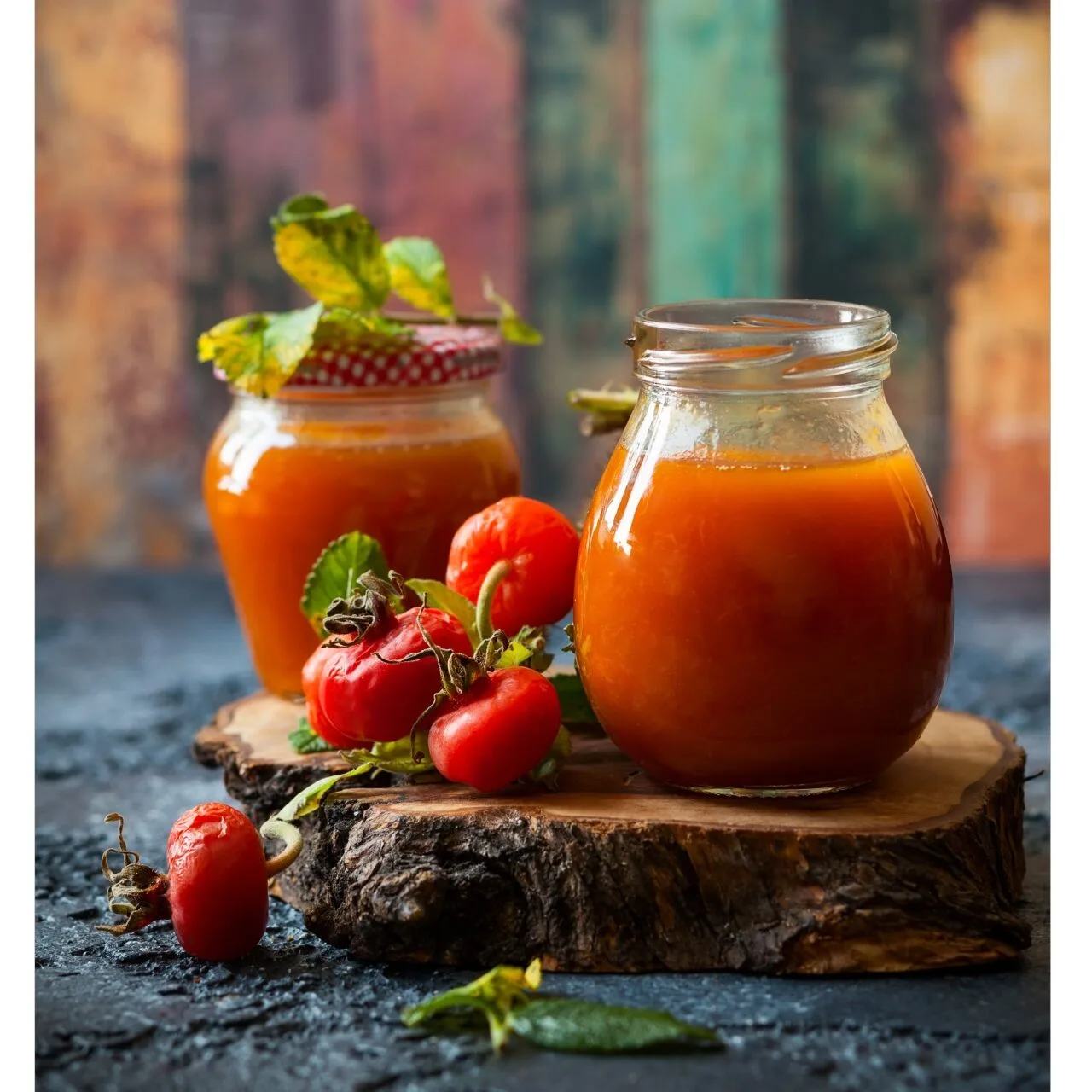 rose hip jam in glass jar with small rose hips sitting next it decoratively