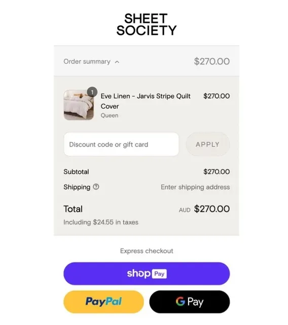 Sheet Society mobile checkout showing field to enter a Sheet Society discount code