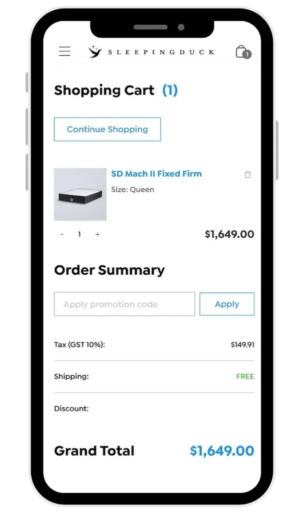 Sleeping Duck checkout showing order summary using a Sleeping Duck discount code