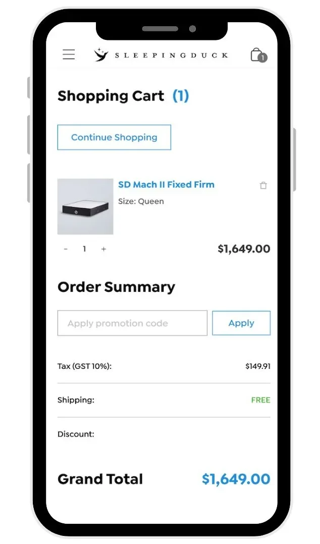 Sleeping Duck checkout showing order summary using a Sleeping Duck discount code