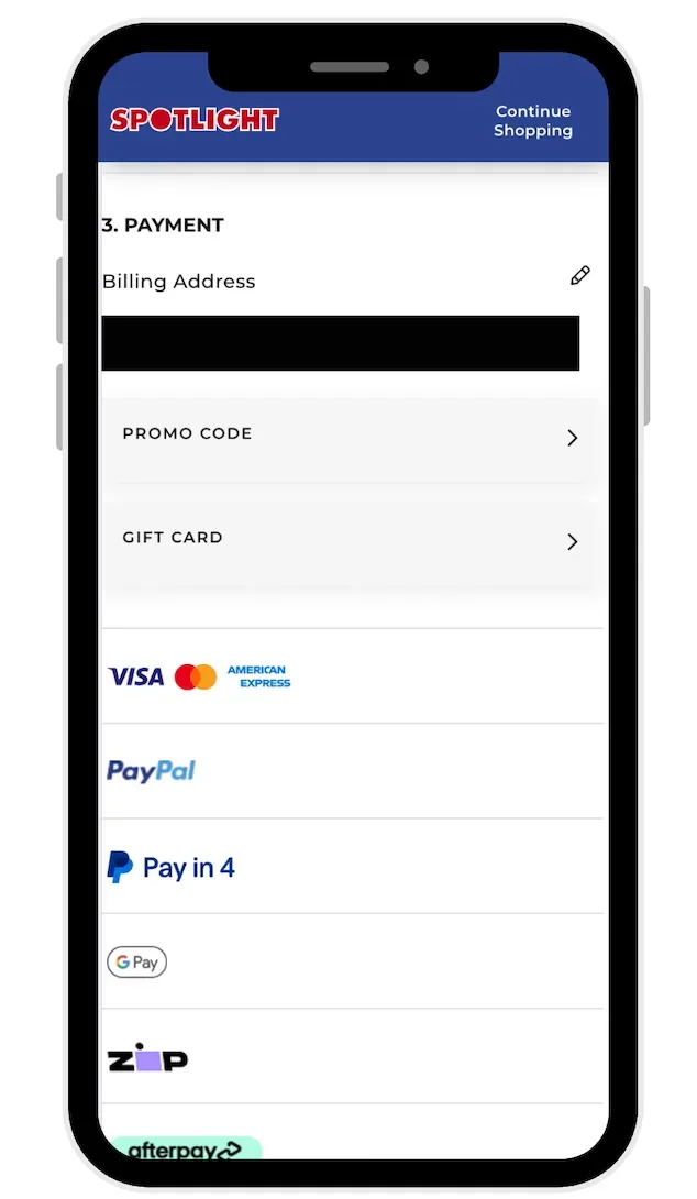 Spotlight checkout showing promo code section for entering a Spotlight promo code