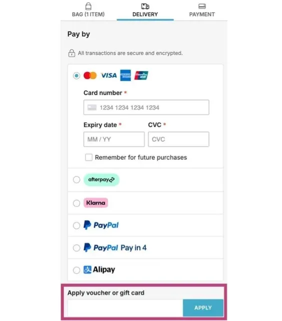 THE ICONIC mobile checkout showing where to enter THE ICONIC discount code in the voucher or gift card field