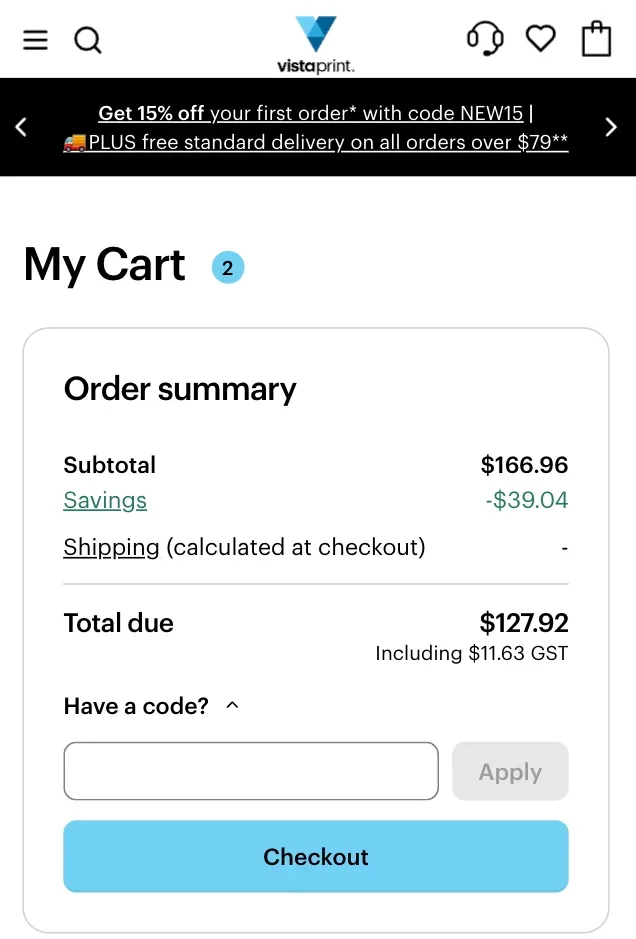 Vistaprint mobile checkout showing field for Vistaprint discount code