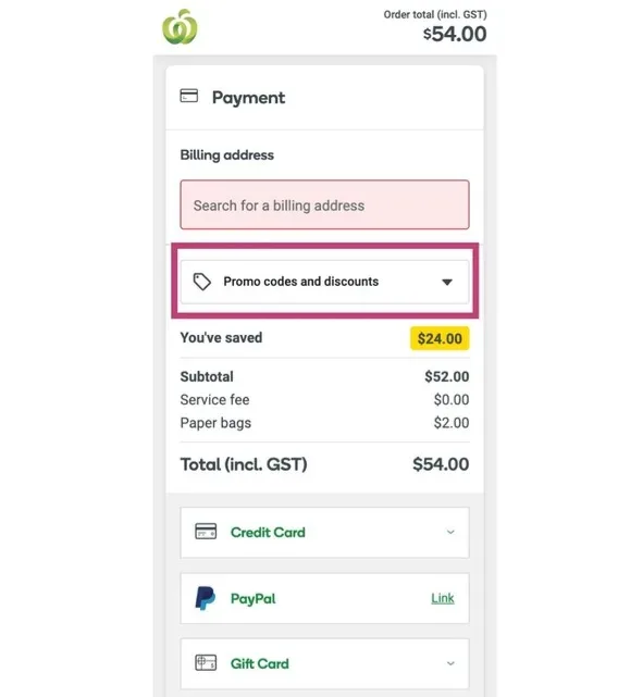 Woolworths checkout showing where to enter a Woolworths promo code