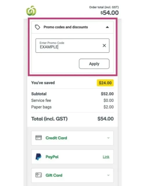 Promo code field highlighted in Woolworths checkout for applying Woolworths promo code