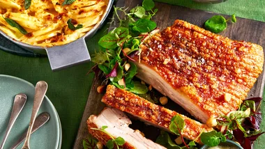 Crispy air fryer pork belly with stuffing potato bake