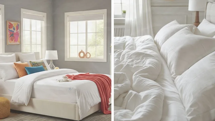 A split image. The left shows a bright bedroom with a white-linened bed, a colourful throw and a visible mattress protector. The right is a close-up of rumpled white bedding.