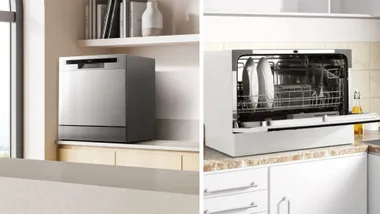A split image showing two different benchtop dishwashers in kitchen settings. On the left, a modern silver benchtop dishwasher on a light countertop. On the right, a white benchtop dishwasher with its door open, showing dishes inside, on a marbled countertop.