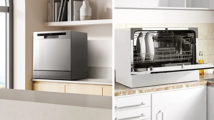 A split image showing two different benchtop dishwashers in kitchen settings. On the left, a modern silver benchtop dishwasher on a light countertop. On the right, a white benchtop dishwasher with its door open, showing dishes inside, on a marbled countertop.