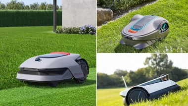 The best robot lawn mowers Australia: composite image of Dreame, Ecovacs and Gardena robot mowers on grass.