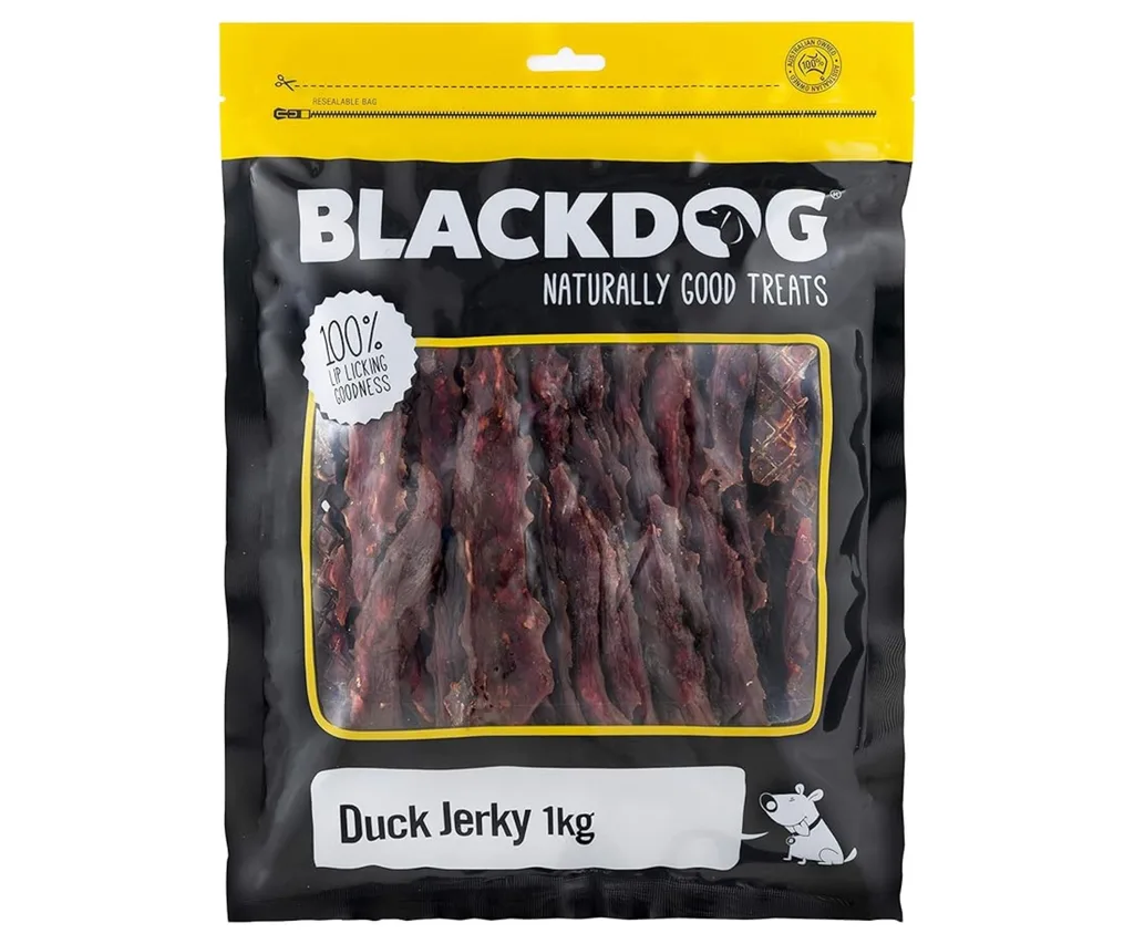 blackdog treats duck jerky bag with duck jerky showing through clear window
