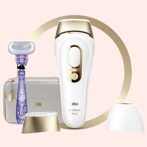 Braun IPL Hair Removal for Women and Men, Silk Expert Pro 5 PL5157, Body & Face, at-Home Permanent Reduction, Alternative to Salon Laser Hair Removal, with Venus Razor, Pouch, White/Gold