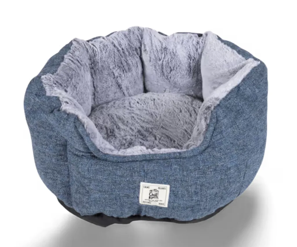 bolstered sides dog bed with label on the front