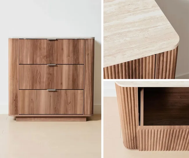 3-drawer chest in walnut from Kmart with textured detailing