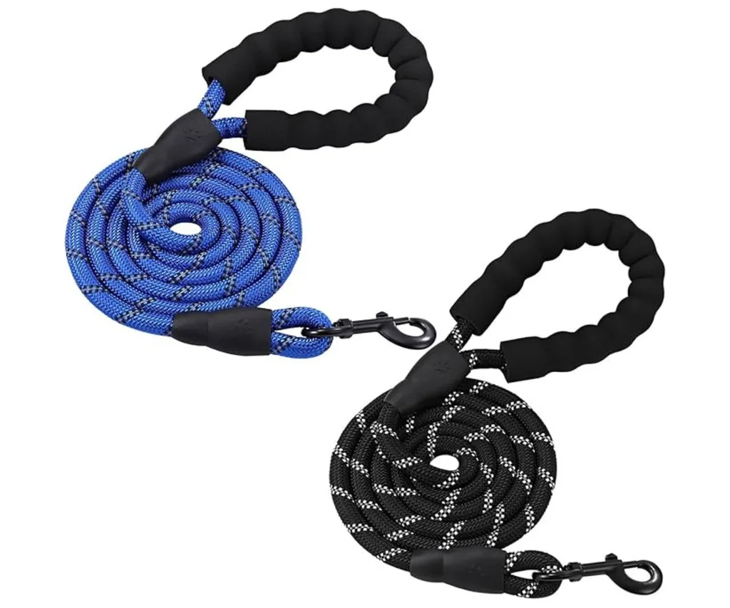 two rolled up harnesses in blue and black stripes with squishy ergonomic handles