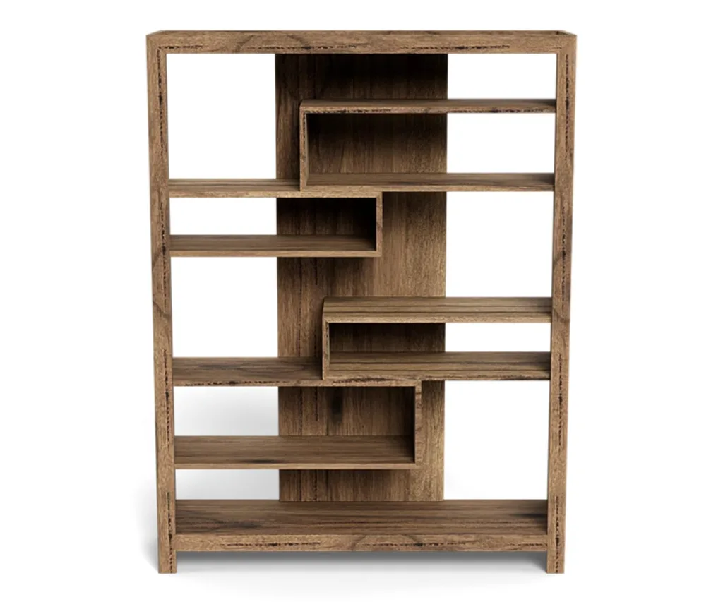 freedom bookshelf with alternating cubbies in brown wood