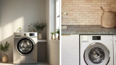 A split image showing two different front-loader washing machines in distinct laundry settings.