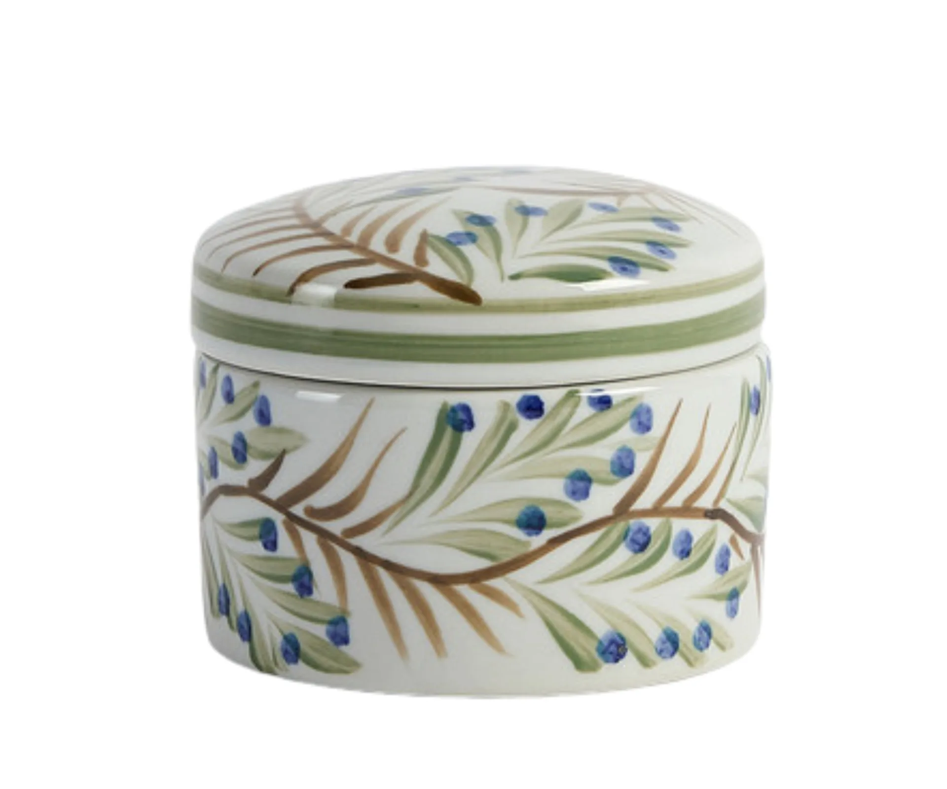 small jewellery jar with floral blue feather design