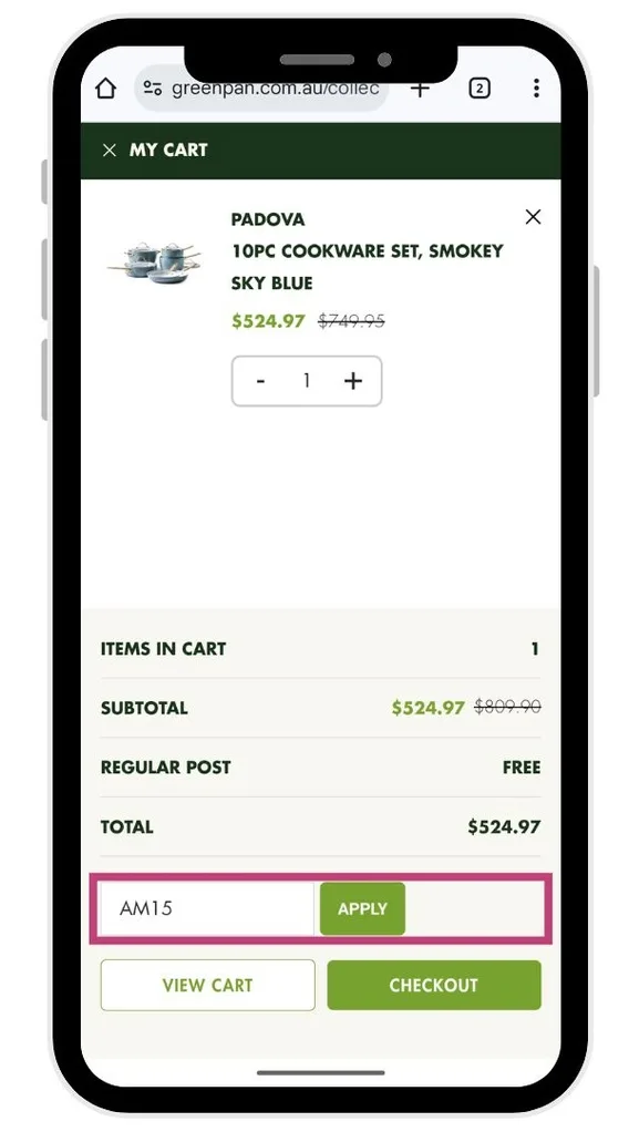 A GreenPan discount code in the cart, before clicking "Apply".