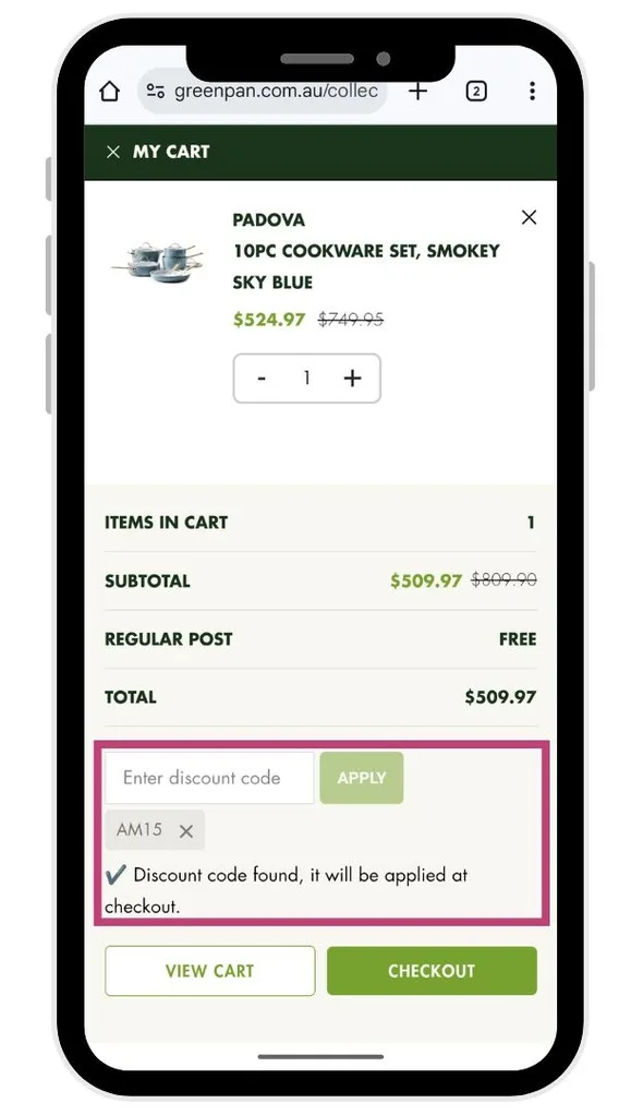A GreenPan discount code after clicking "Apply". Note the subtotal reflects the discounted price.