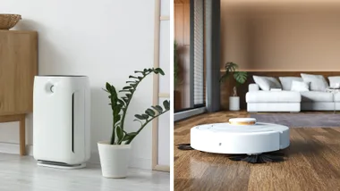 A split image. On the left, a white air purifier stands next to a potted plant and a wooden cabinet against a white wall. On the right, a white robotic vacuum cleaner with orange accents is on a wooden floor in a modern living room with a couch and another plant in the background.