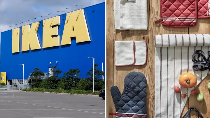Split screen of Ikea Tempe store exterior and a flat lay of Ikea's Hildegun product range.