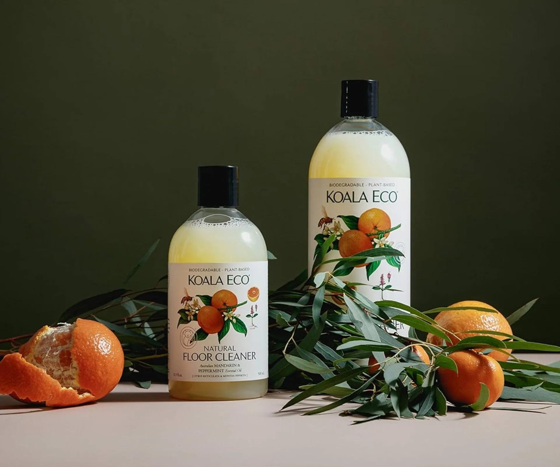 Koala Eco floor cleaner surrounded by eucalyptus leaves and citrus fruits. Koala Eco is a brand on Amazon.