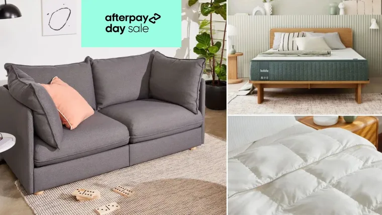 Afterpay Day sale banner with a grey sofa, wooden bed with mattress, and white comforter.