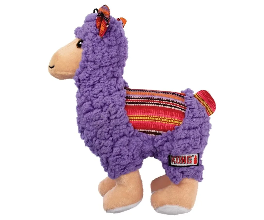 purple llama plush toy from kong with striped back