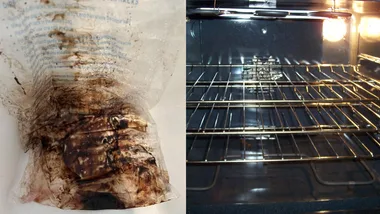 oven racks being cleaned in a bag