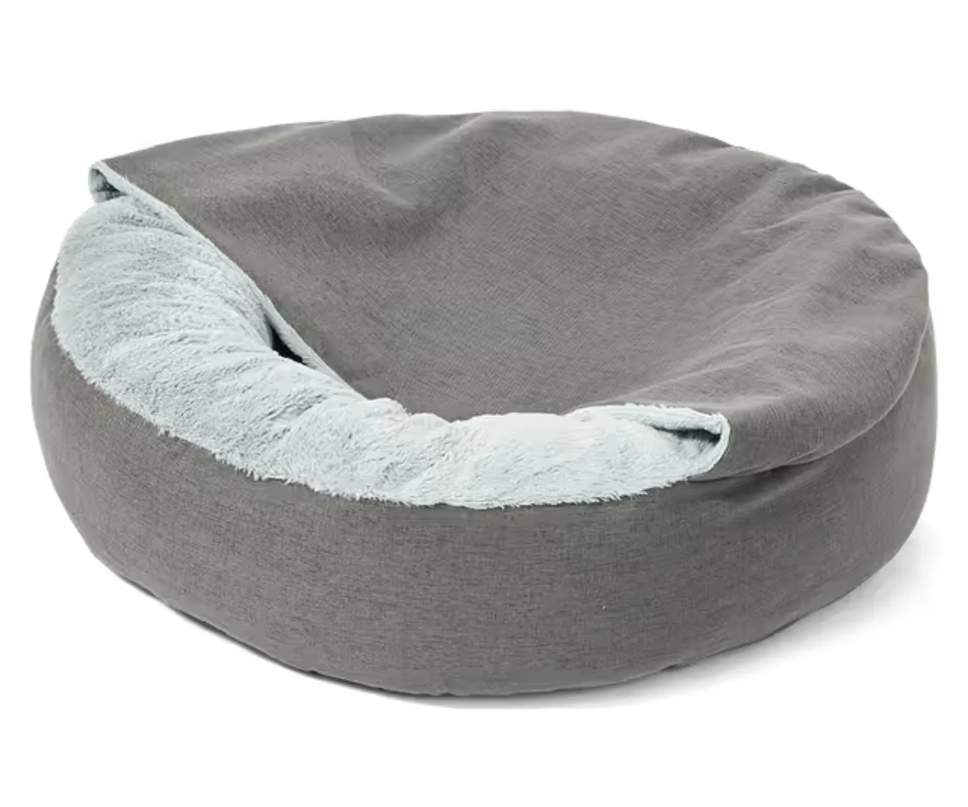 hooded dog calming dog bed with blue fluffy interior 