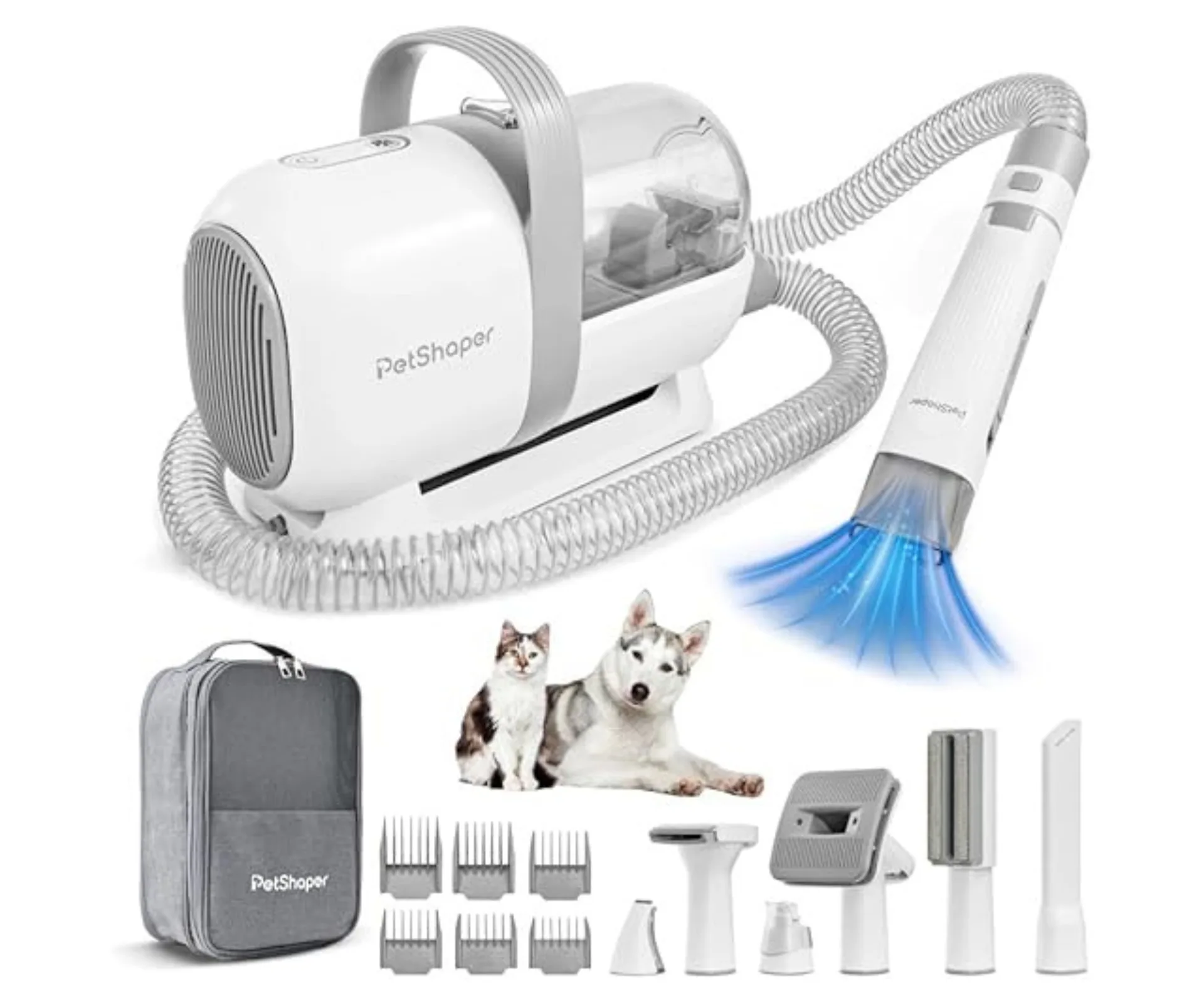 dog trimming kit with large vacuum two small huskies deep etched and various trimmer heads 