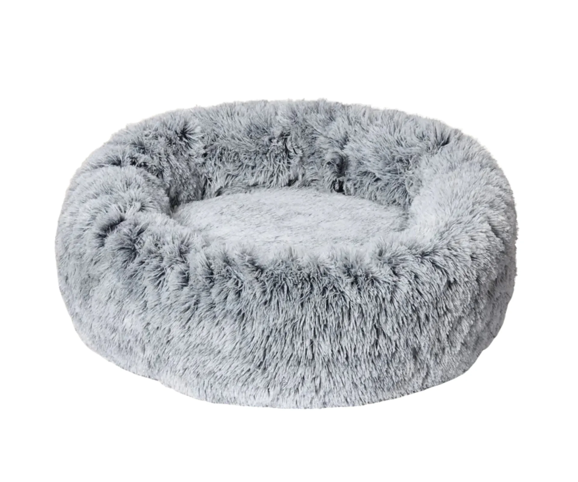 deep etch of snooza dog bed in grey colour with fluffy faux fux cover in a circle 