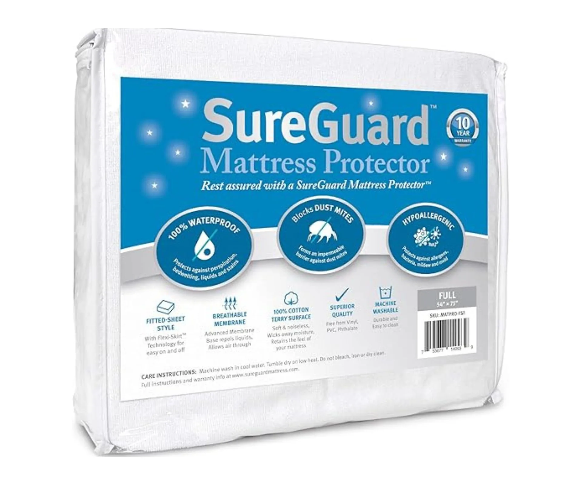 SureGuard Full Size Mattress Protector - 100% Waterproof, Hypoallergenic - Premium Fitted Cotton Terry Cover