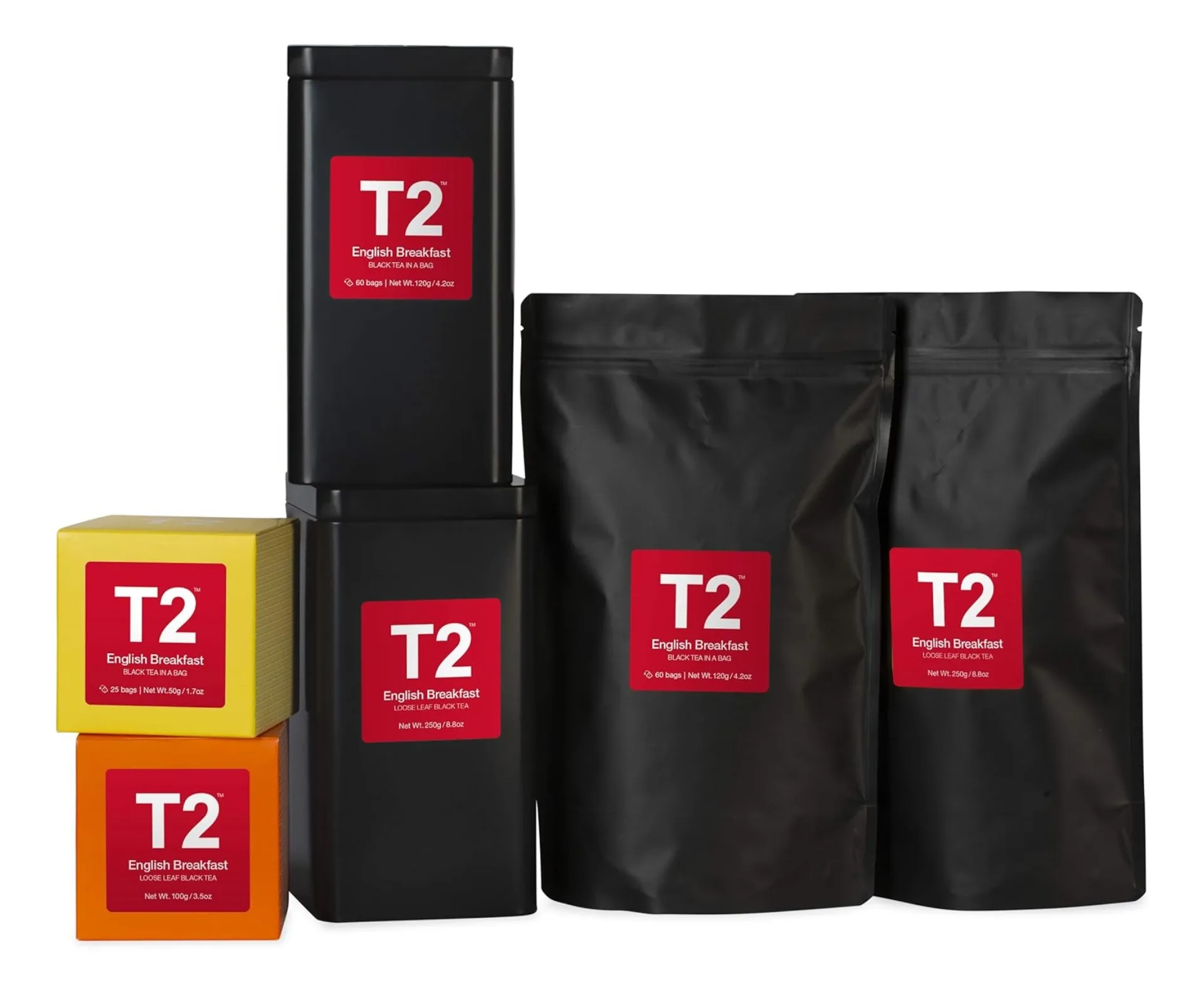 T2 English Breakfast tea in various sizes and containers. T2 Tea is available to buy on Amazon.