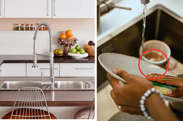 split image of sink in kitchen with silver tapware and plate being washed by hands with red circle indicating a hidden object