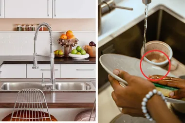 split image of sink in kitchen with silver tapware and plate being washed by hands with red circle indicating a hidden object